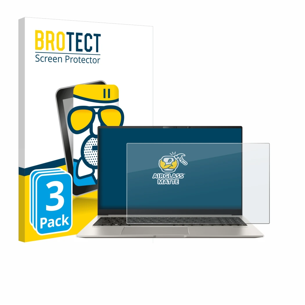 Front side of a product packaging with the brand logo BROTECT. Next to it is the device ASUS ZenBook 15 OLED UM3504 shown with