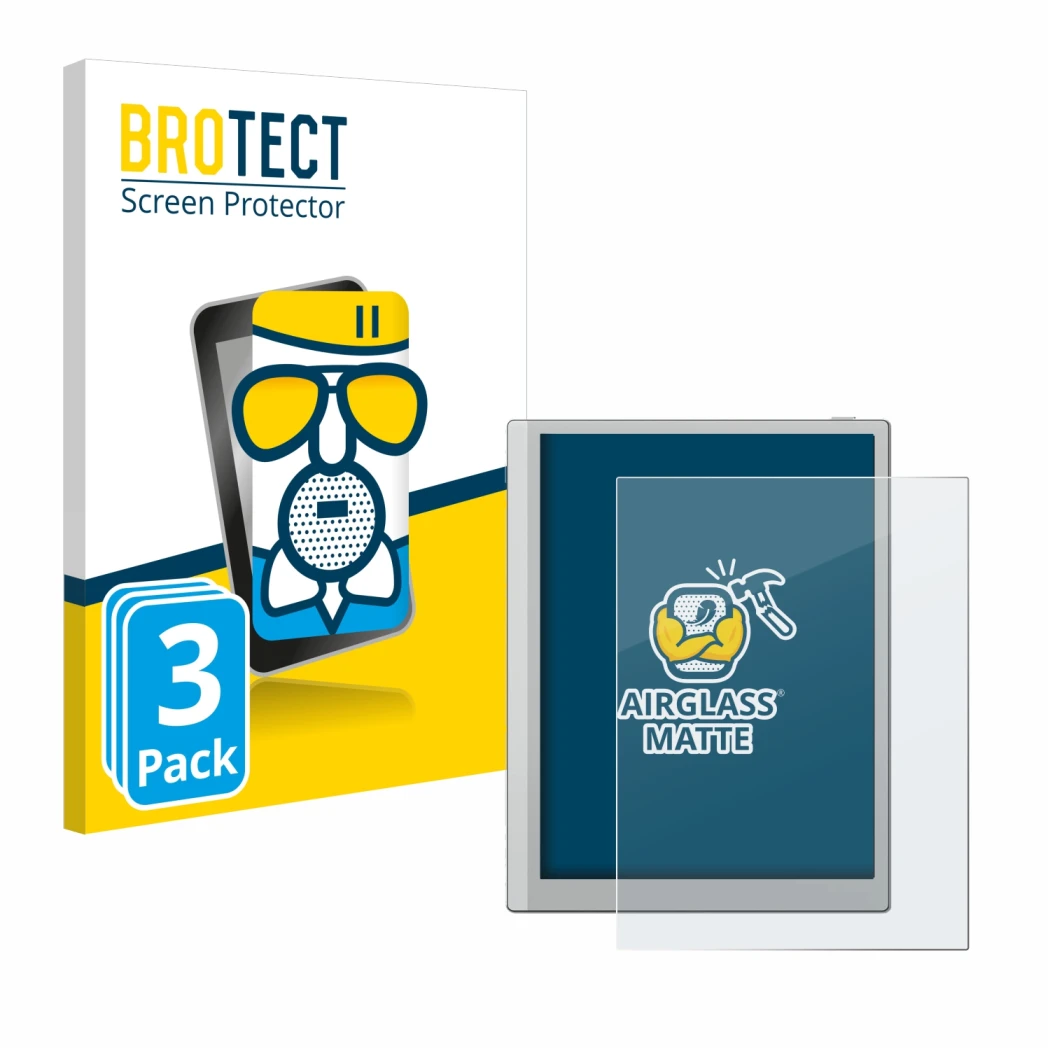 Front side of a product packaging with the brand logo BROTECT. Next to it is the device Boox Go 10.3 shown with the correspond