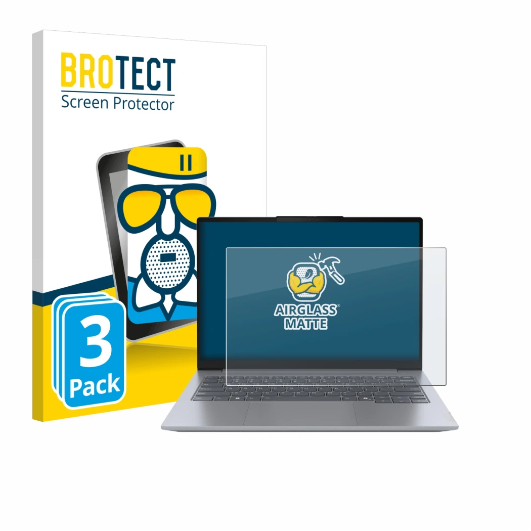 Front side of a product packaging with the brand logo BROTECT. Next to it is the device Lenovo ThinkBook 14 Gen 7 shown with t