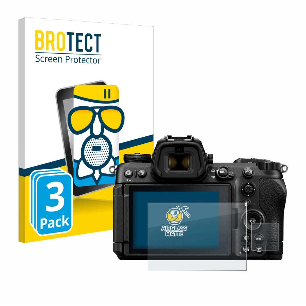 Front side of a product packaging with the brand logo BROTECT. Next to it is the device Nikon Z6 III shown with the correspond