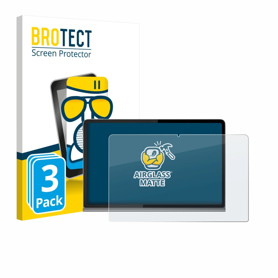 Front side of a product packaging with the brand logo BROTECT. Next to it is the device Lenovo Tab Plus shown with the corresp