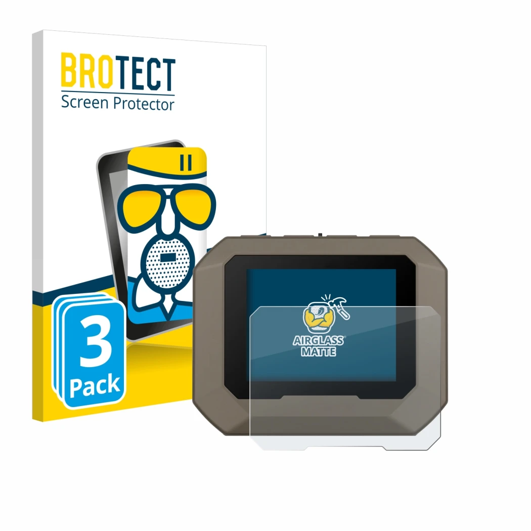 Front side of a product packaging with the brand logo BROTECT. Next to it is the device Garmin Xero C1 Pro shown with the corr