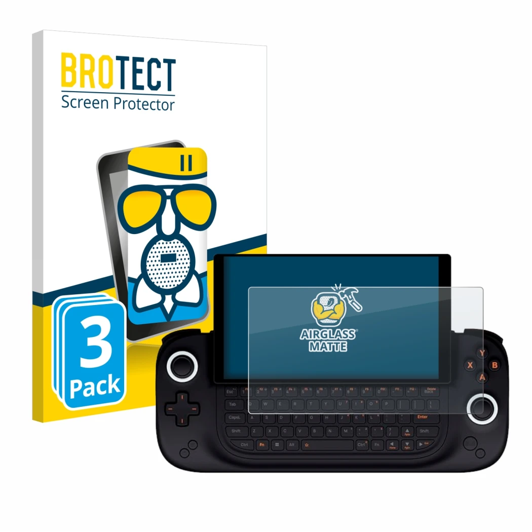 Front side of a product packaging with the brand logo BROTECT. Next to it is the device Ayaneo Slide shown with the correspond