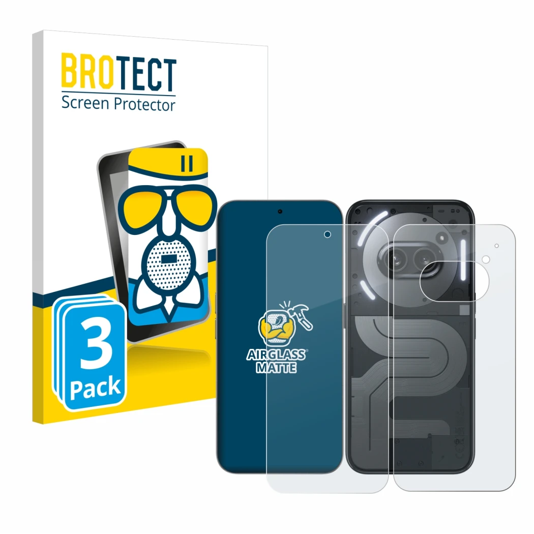 Front side of a product packaging with the brand logo BROTECT. Next to it is the device Nothing Phone (2a) Plus (Front+Back) s