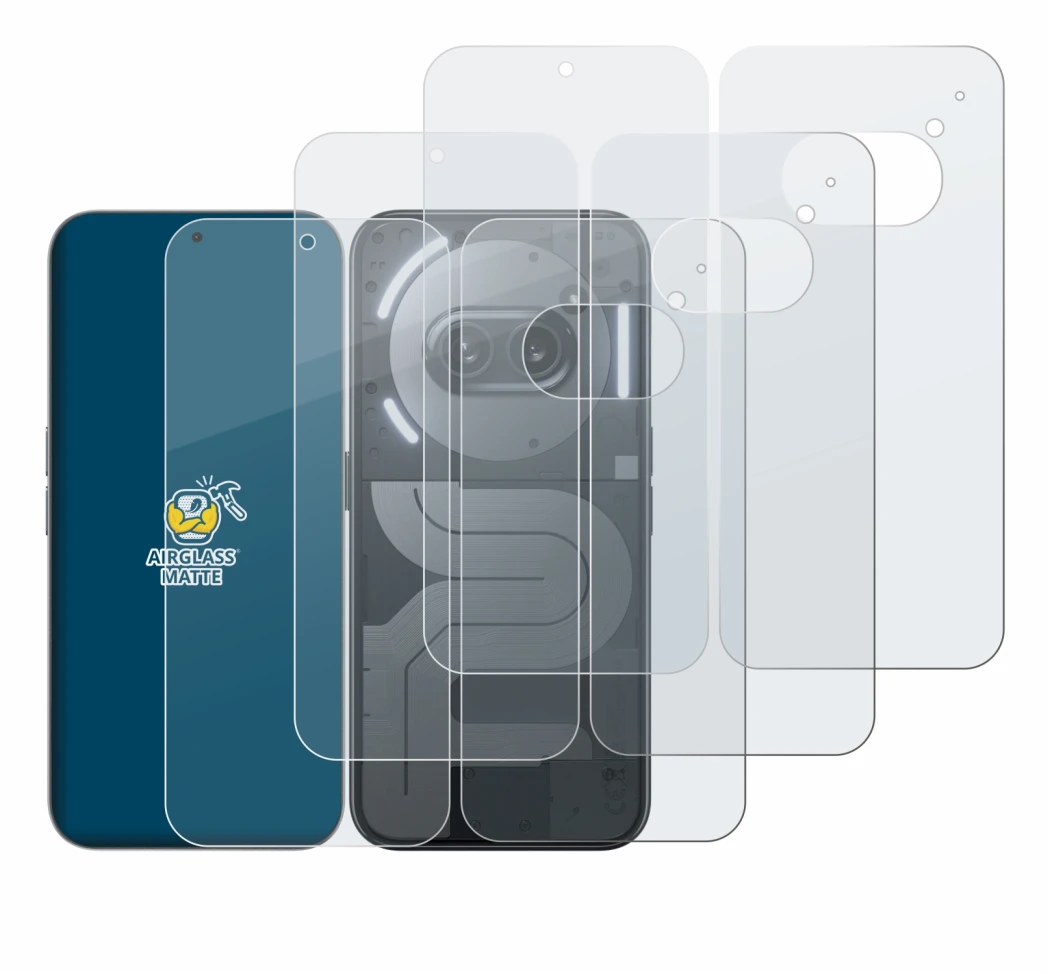 Image of the device Nothing Phone (2a) Plus (Front+Back) with a wide variety of screen protectors.