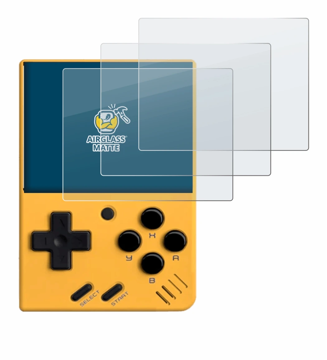 Image of the device Miyoo Mini V4 with a wide variety of screen protectors.