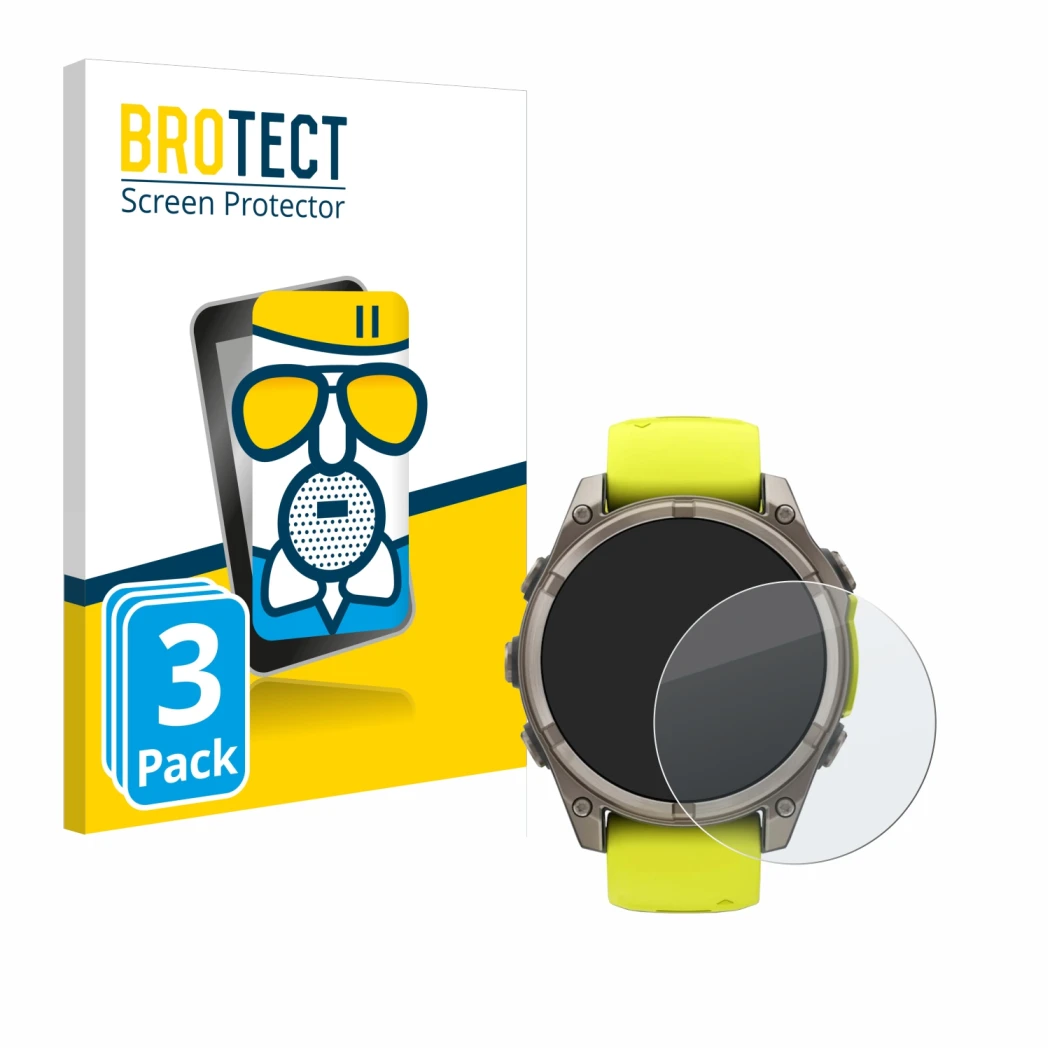 Front side of a product packaging with the brand logo BROTECT. Next to it is the device Garmin Fenix 8 Solar (47 mm) shown wit