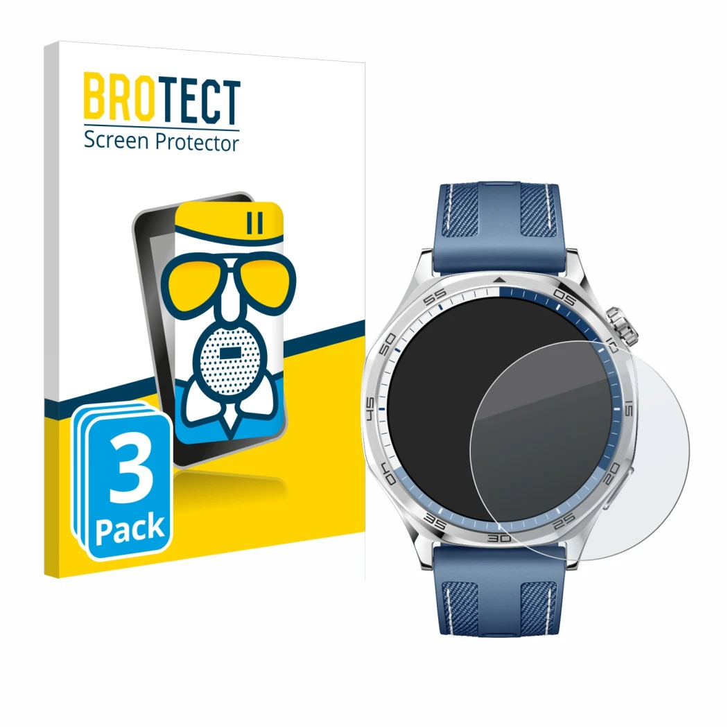 Front side of a product packaging with the brand logo BROTECT. Next to it is the device Huawei Watch GT 5 (46 mm) shown with t