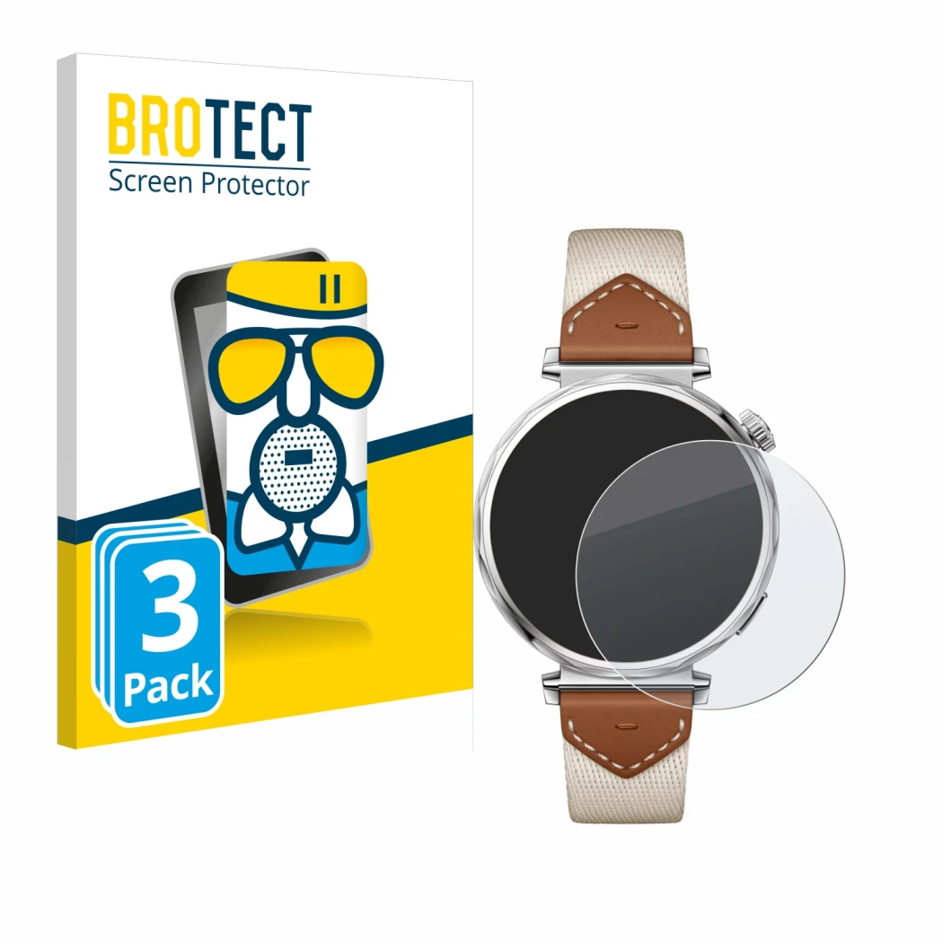 Front side of a product packaging with the brand logo BROTECT. Next to it is the device Huawei Watch GT 5 (41 mm) shown with t