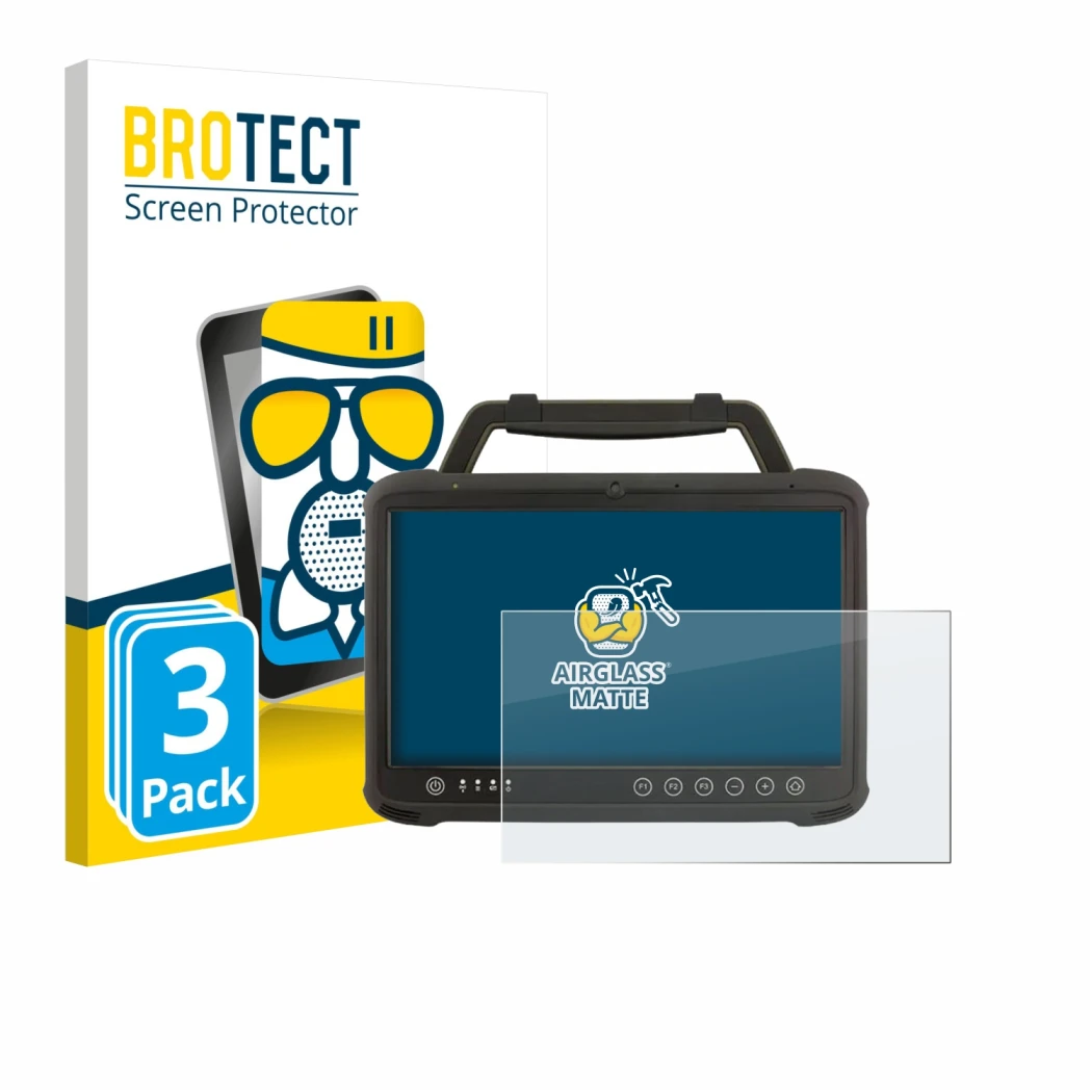 Front side of a product packaging with the brand logo BROTECT. Next to it is the device Winmate M133WK shown with the correspo