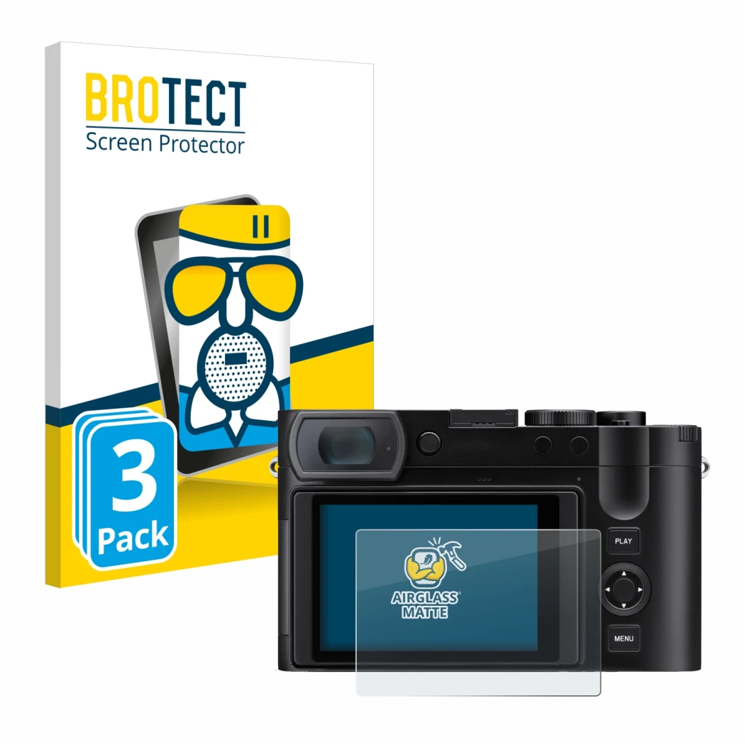Front side of a product packaging with the brand logo BROTECT. Next to it is the device Leica Q3 43 shown with the correspondi