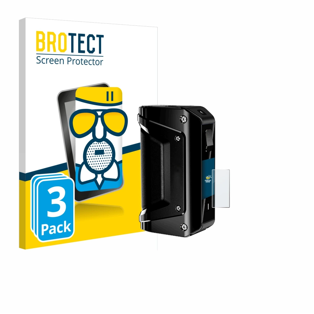 Front side of a product packaging with the brand logo BROTECT. Next to it is the device geekvape Aegis 3 shown with the corres