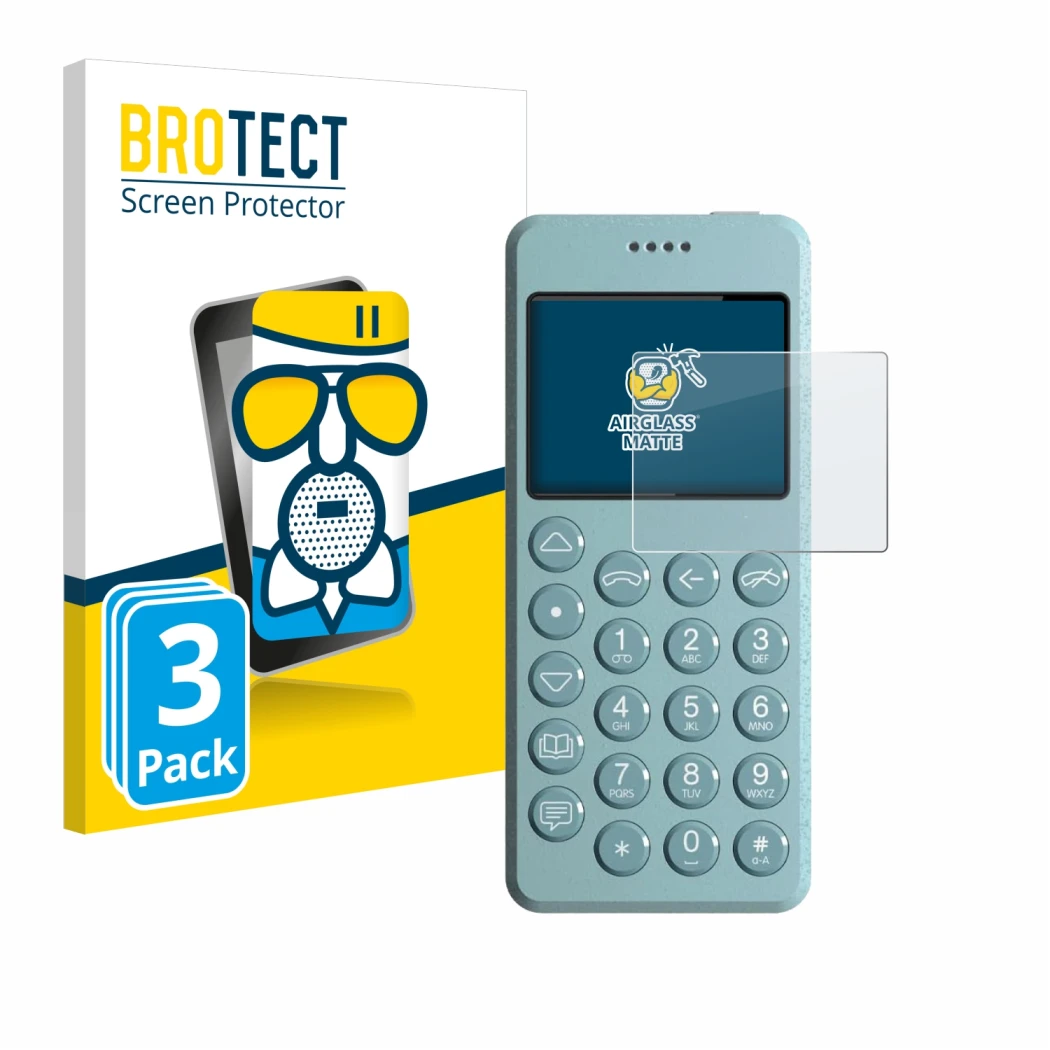 Front side of a product packaging with the brand logo BROTECT. Next to it is the device Punkt MP02 shown with the correspondin