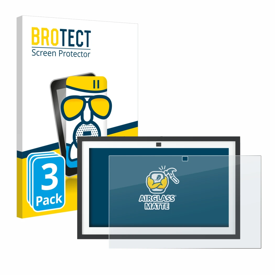 Front side of a product packaging with the brand logo BROTECT. Next to it is the device Amazon Echo Show 15 2024 shown with th