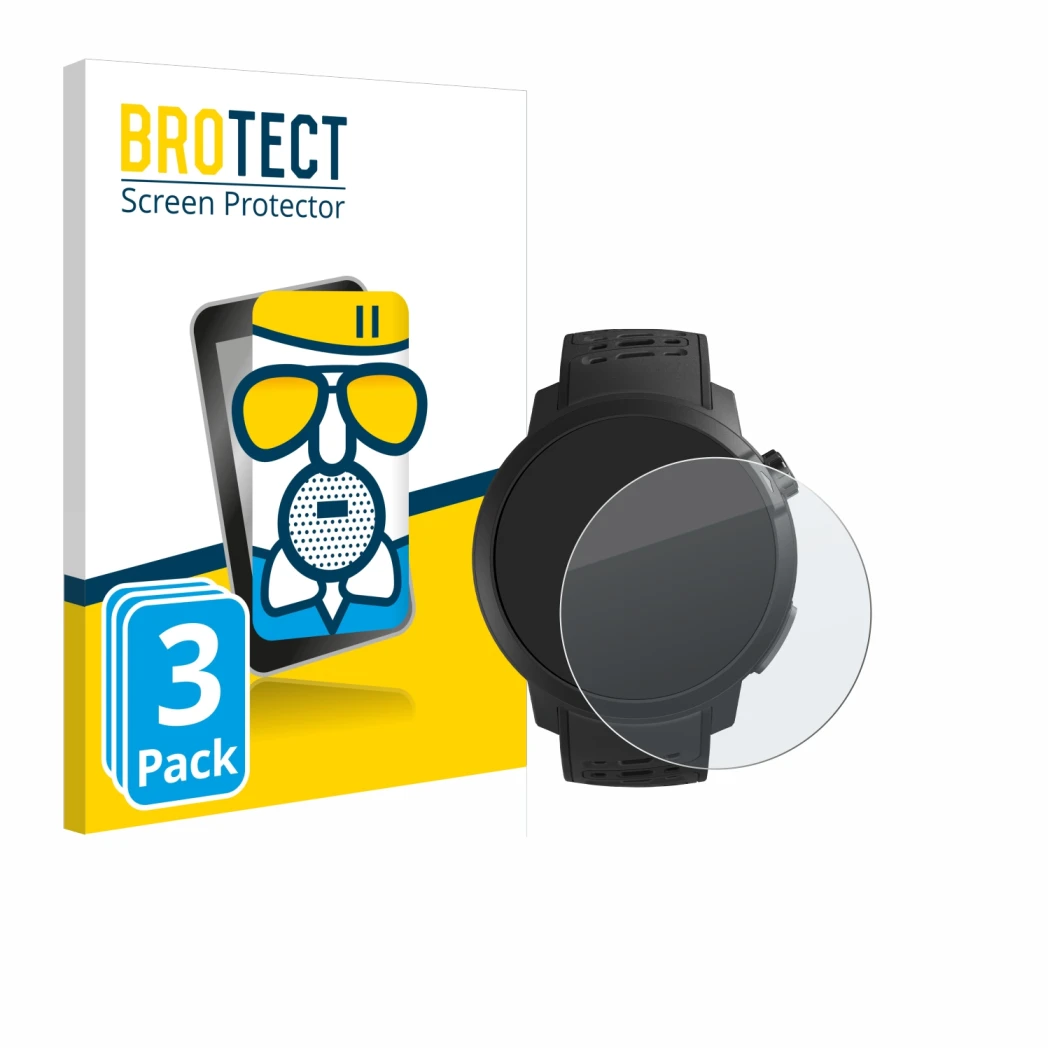 Front side of a product packaging with the brand logo BROTECT. Next to it is the device Coros Pace Pro shown with the correspo