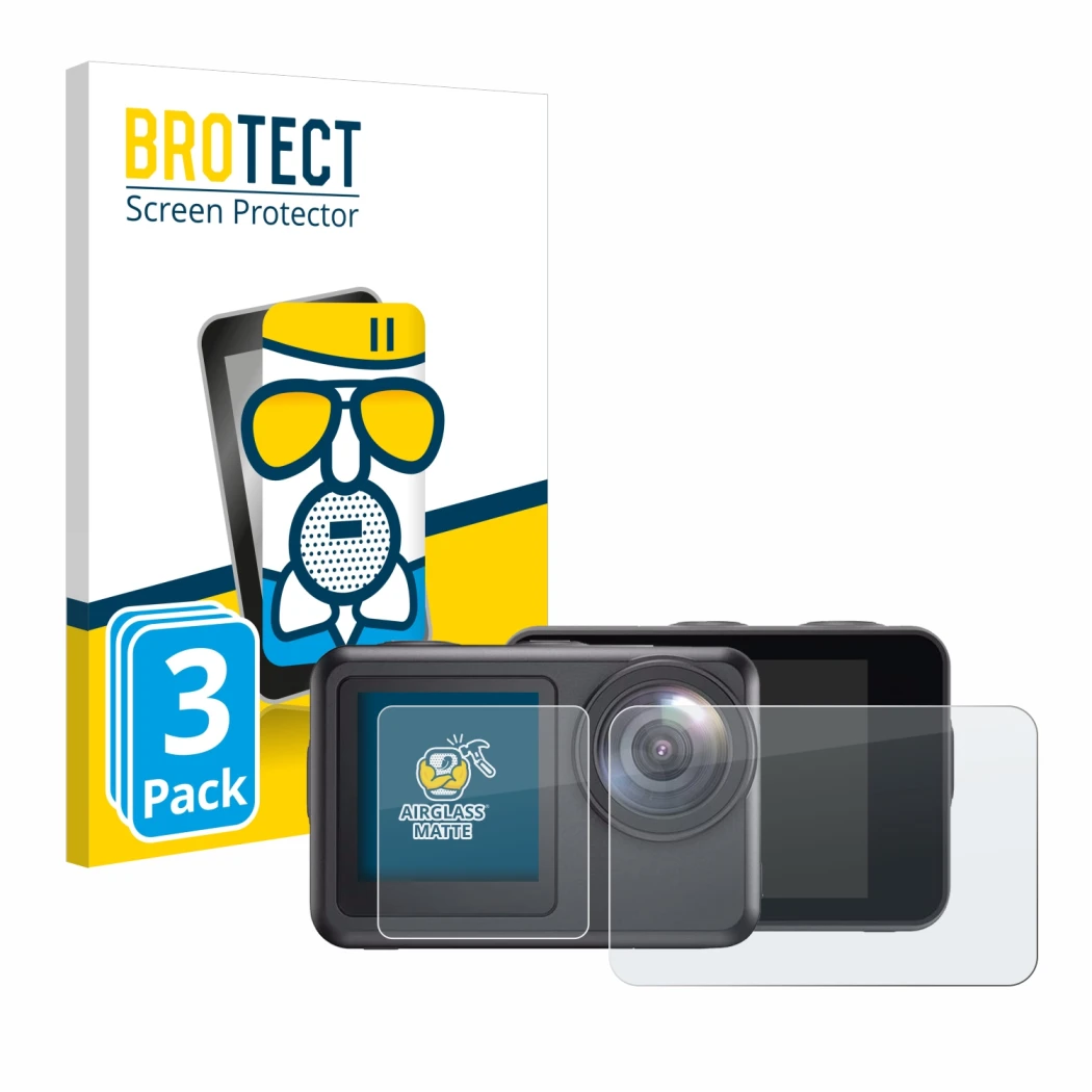 Front side of a product packaging with the brand logo BROTECT. Next to it is the device Akaso Brave 7 LE shown with the corres