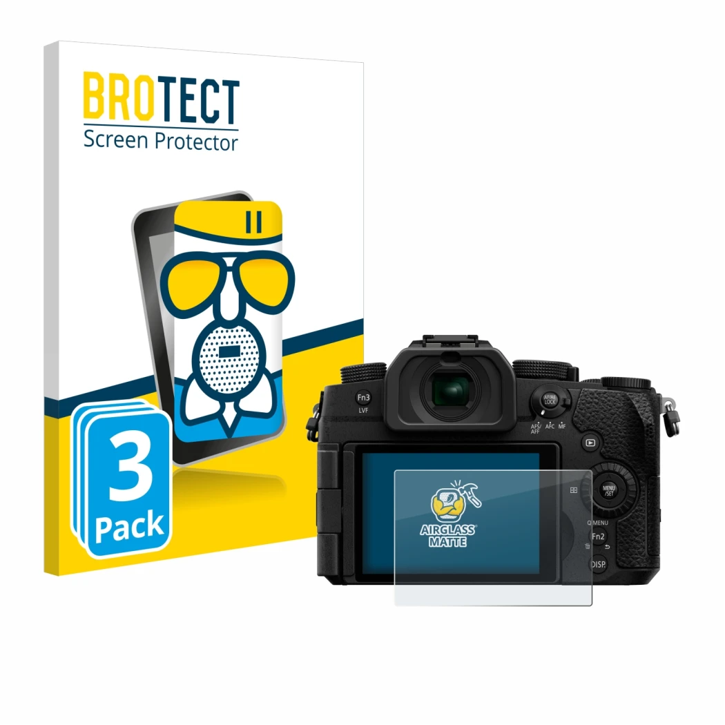 Front side of a product packaging with the brand logo BROTECT. Next to it is the device Panasonic Lumix DC-G97 shown with the