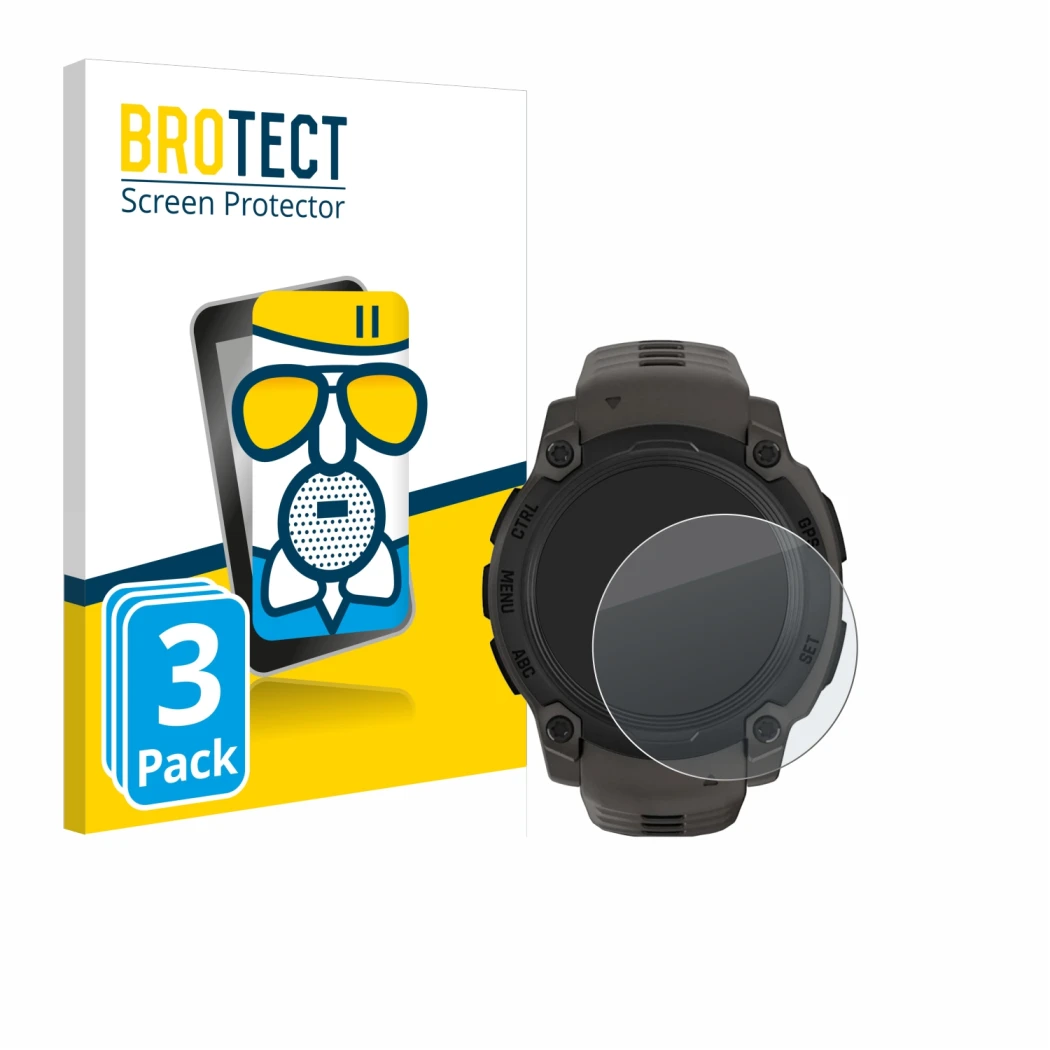 Front side of a product packaging with the brand logo BROTECT. Next to it is the device Garmin Instinct E (40 mm) shown with t