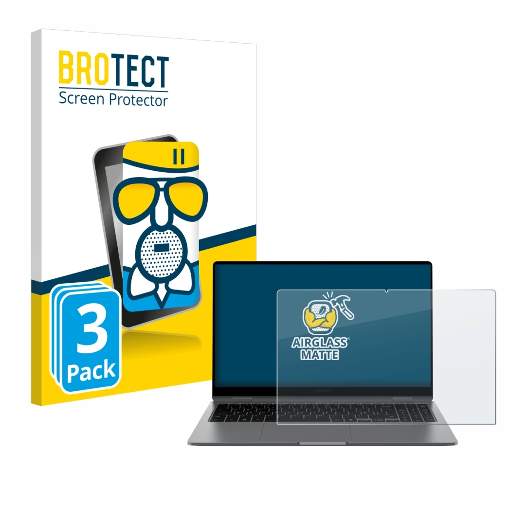Front side of a product packaging with the brand logo BROTECT. Next to it is the device Samsung Galaxy Book5 360 15.6