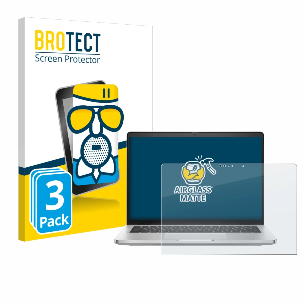 Front side of a product packaging with the brand logo BROTECT. Next to it is the device Dell Pro 14 Plus 2-in-1 PB14250 shown 