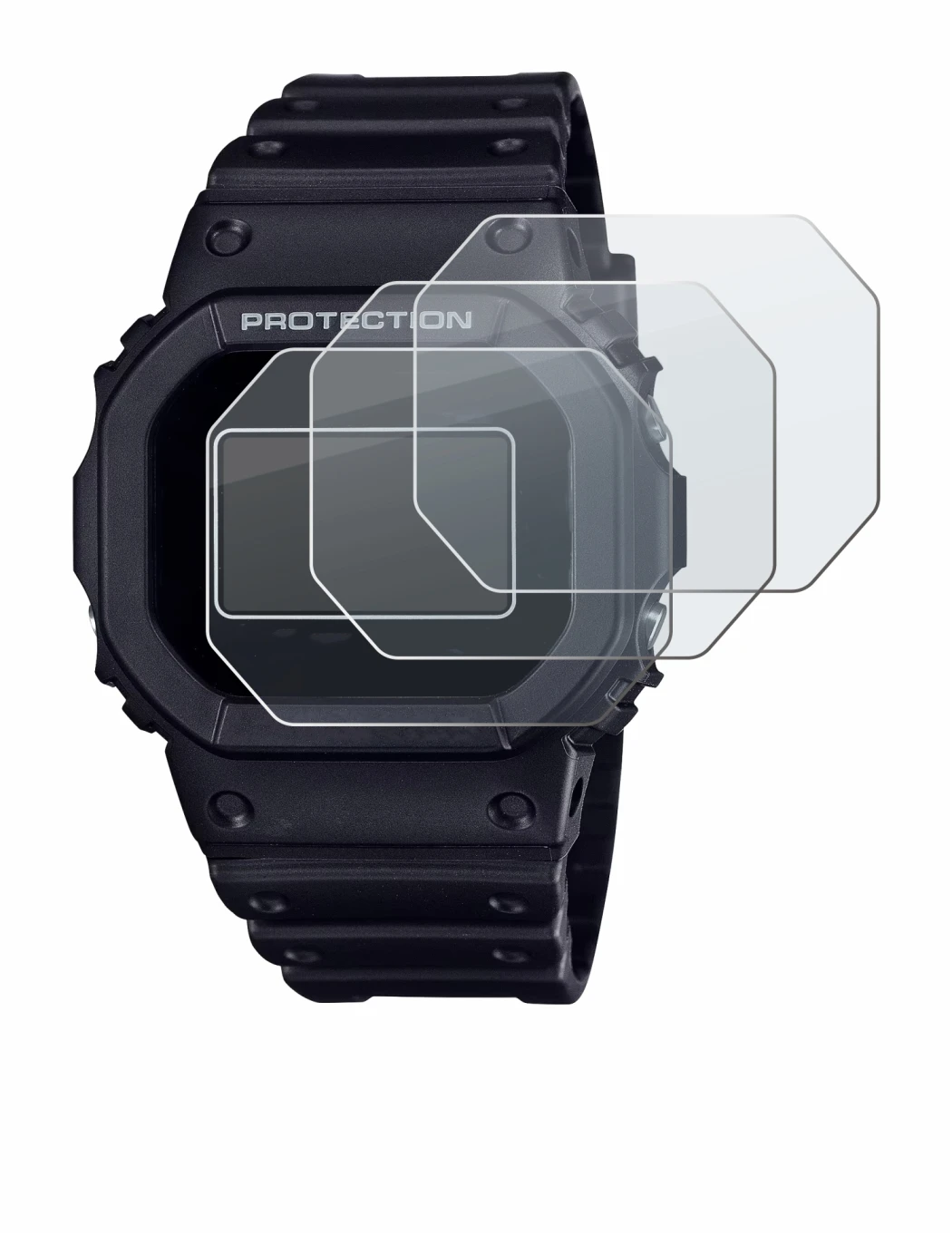 Image of the device Casio G-Shock DW-5600RL-1 with a wide variety of screen protectors.