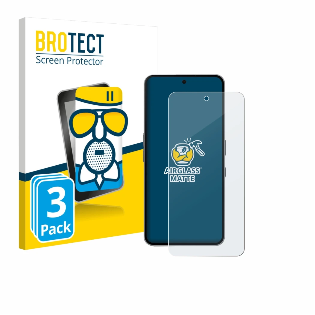 Front side of a product packaging with the brand logo BROTECT. Next to it is the device Nothing Phone (3a) Pro shown with the 
