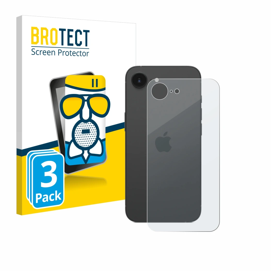 Front side of a product packaging with the brand logo BROTECT. Next to it is the device Apple iPhone 16e (Back) shown with the
