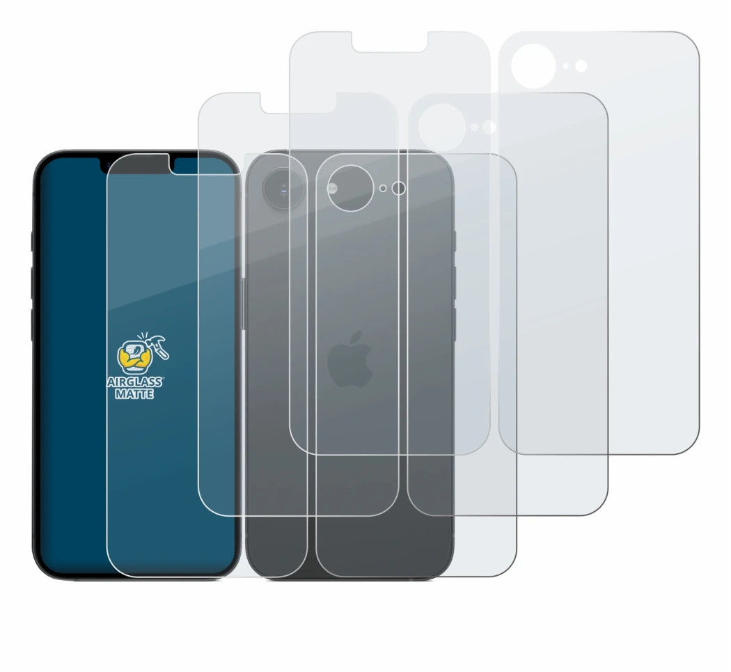 Image of the device Apple iPhone 16e (Front+Back) with a wide variety of screen protectors.