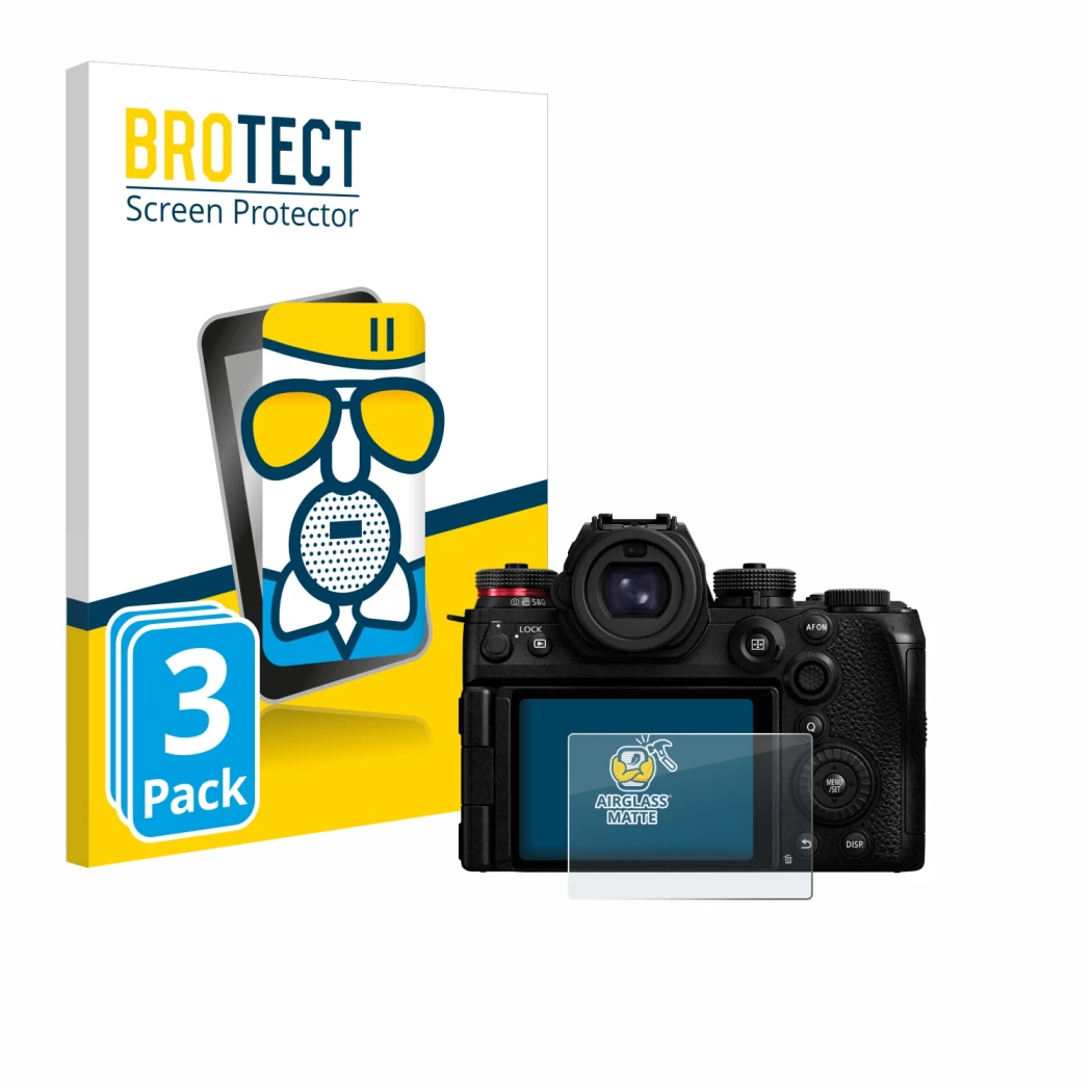 Front side of a product packaging with the brand logo BROTECT. Next to it is the device Panasonic Lumix S1R II shown with the 