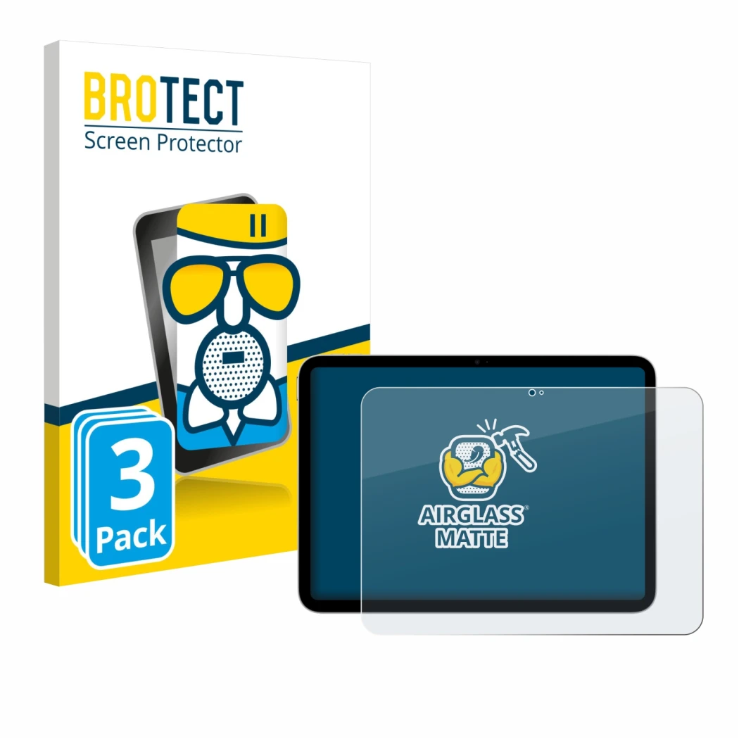 Front side of a product packaging with the brand logo BROTECT. Next to it is the device Apple iPad A16 11
