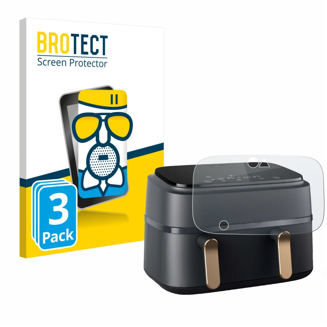 Front side of a product packaging with the brand logo BROTECT. Next to it is the device Philips Airfryer NA352/00 shown with t