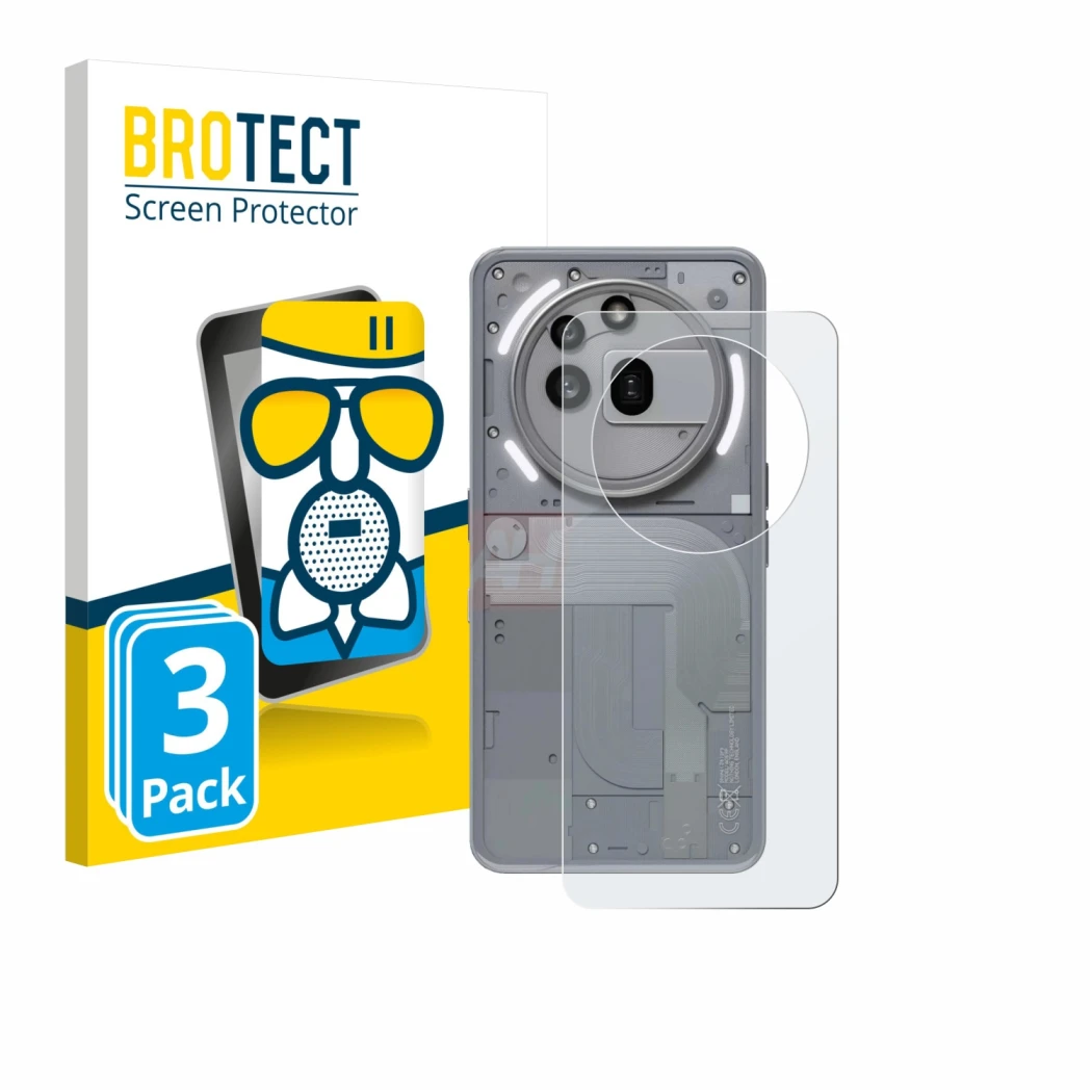 Front side of a product packaging with the brand logo BROTECT. Next to it is the device Nothing Phone (3a) Pro (Back) shown wi