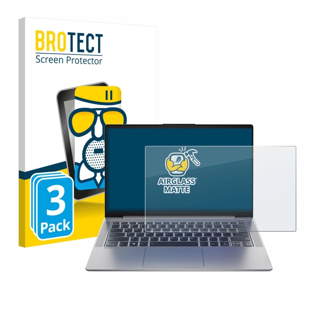 Front side of a product packaging with the brand logo BROTECT. Next to it is the device Lenovo IdeaPad 5 14ALC05 shown with th