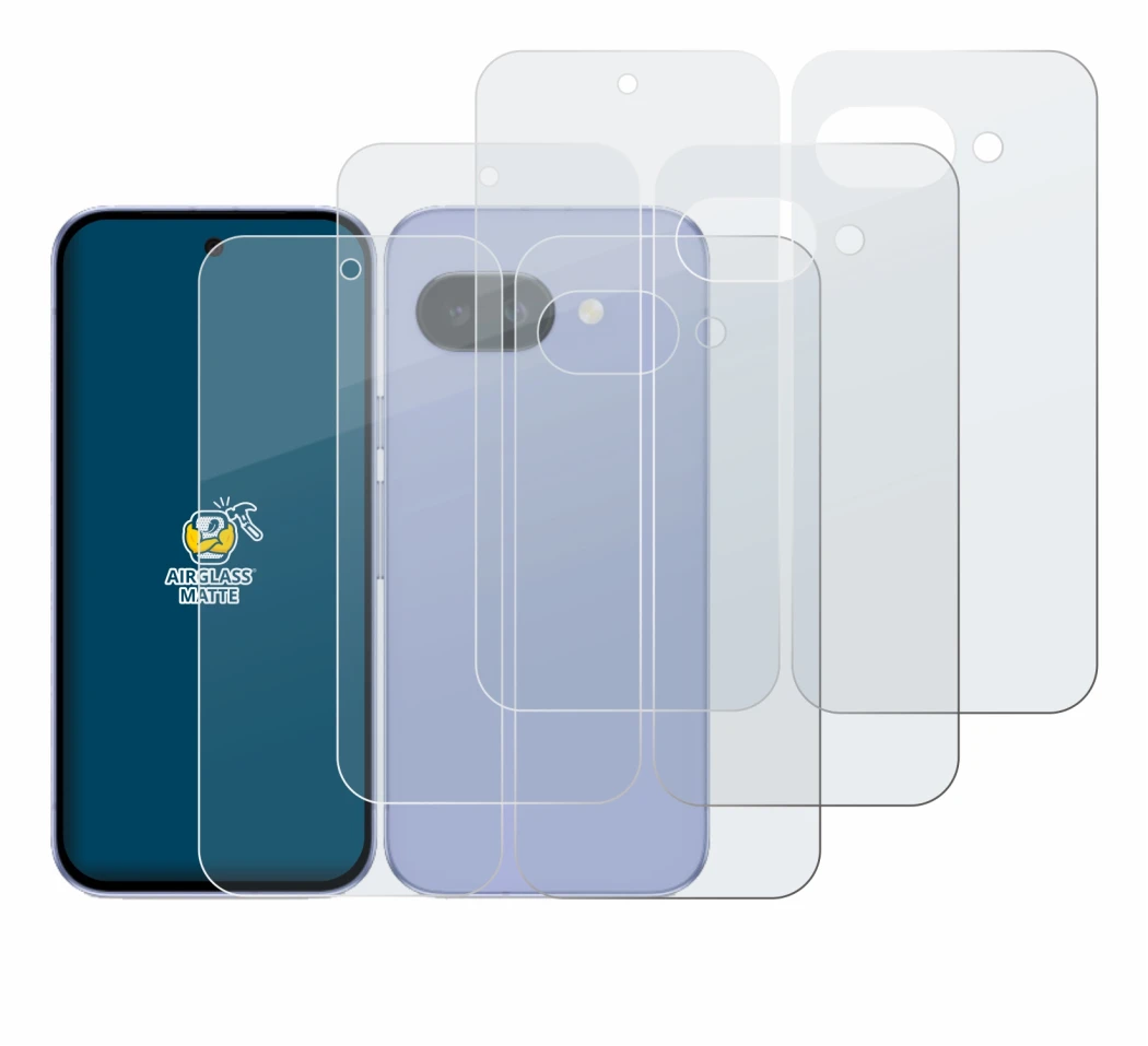 Image of the device Google Pixel 9a (Front+Back) with a wide variety of screen protectors.