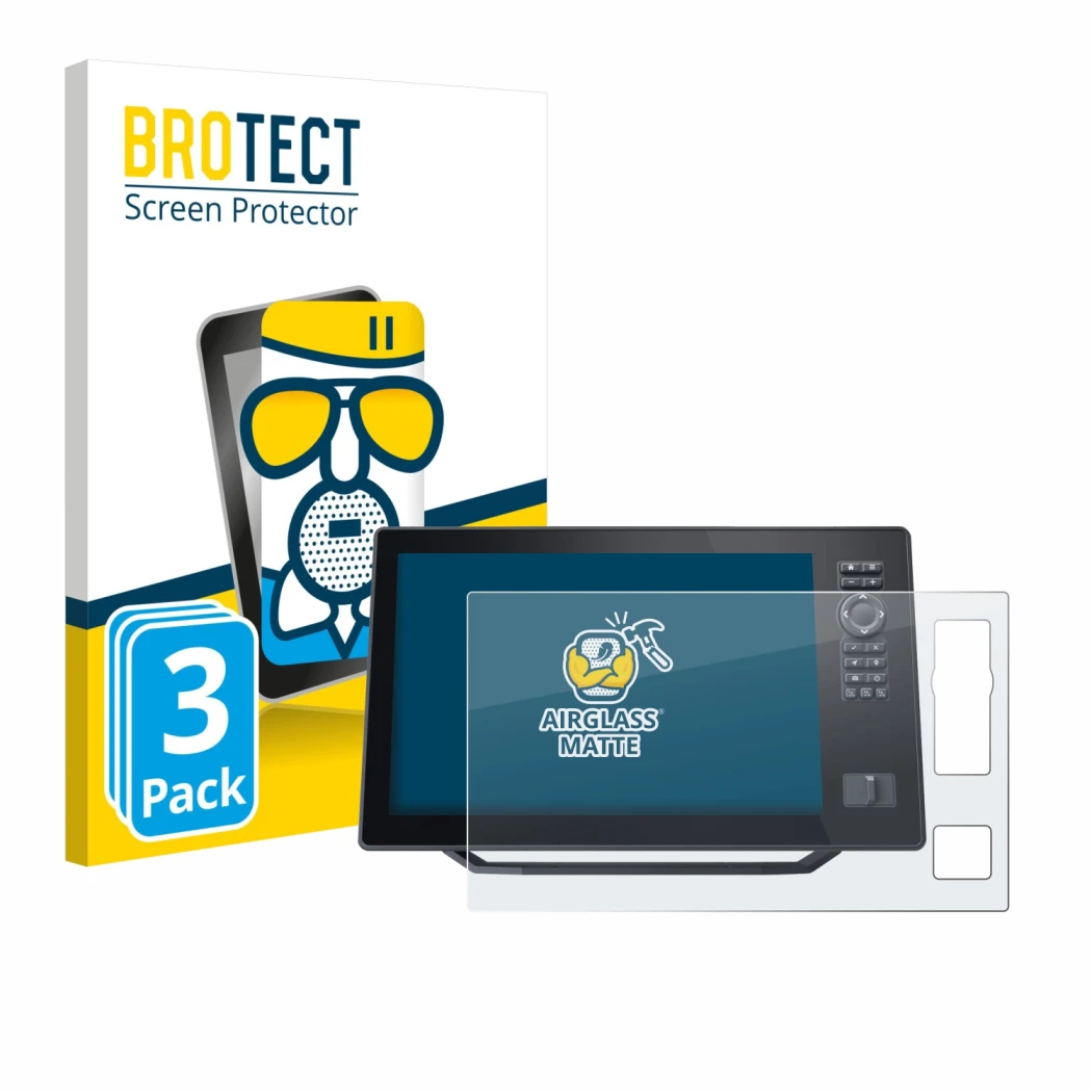 Front side of a product packaging with the brand logo BROTECT. Next to it is the device Humminbird Xplore 12 shown with the co