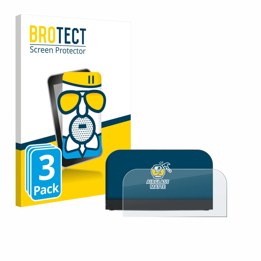 Front side of a product packaging with the brand logo BROTECT. Next to it is the device Nintendo Switch 2 Station shown with t