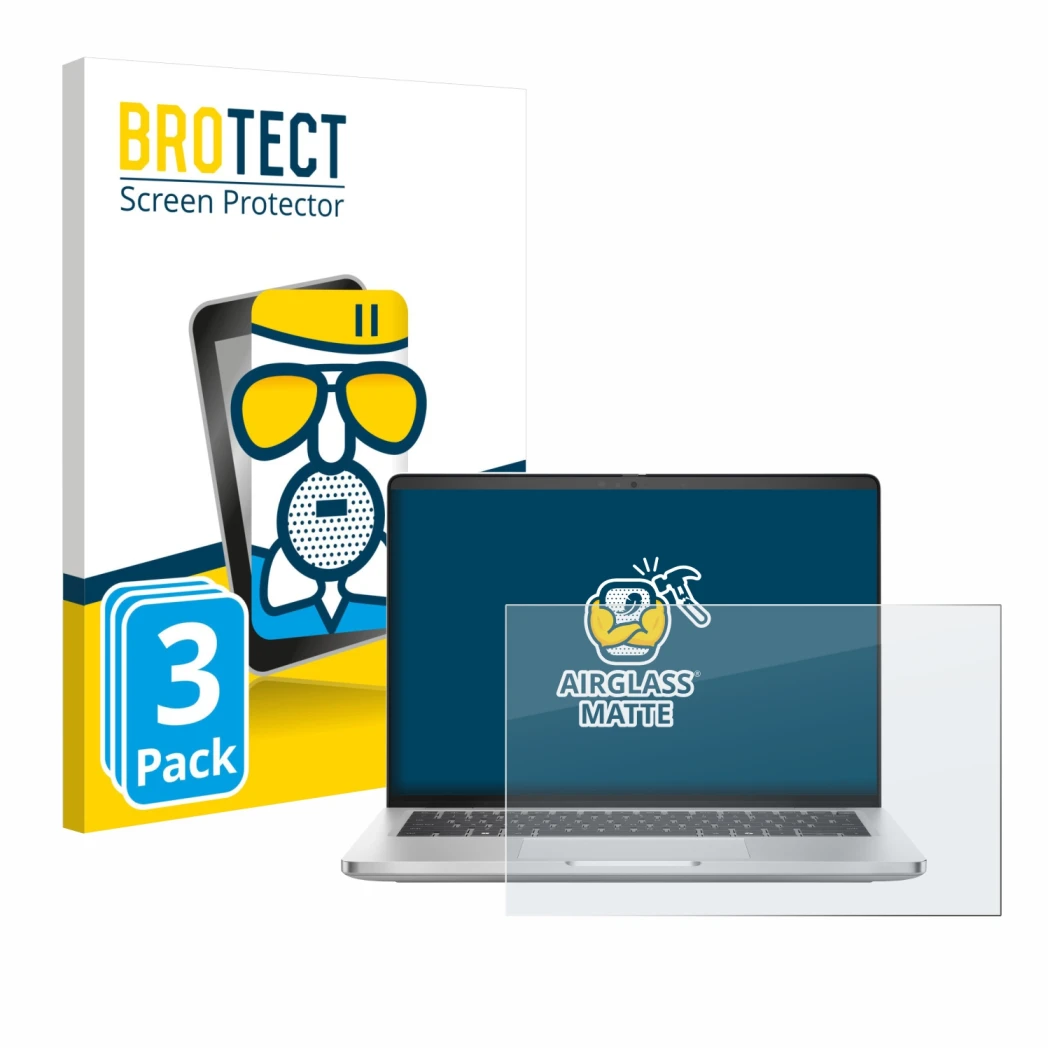 Front side of a product packaging with the brand logo BROTECT. Next to it is the device Dell Pro 14 Plus PB14250 shown with th