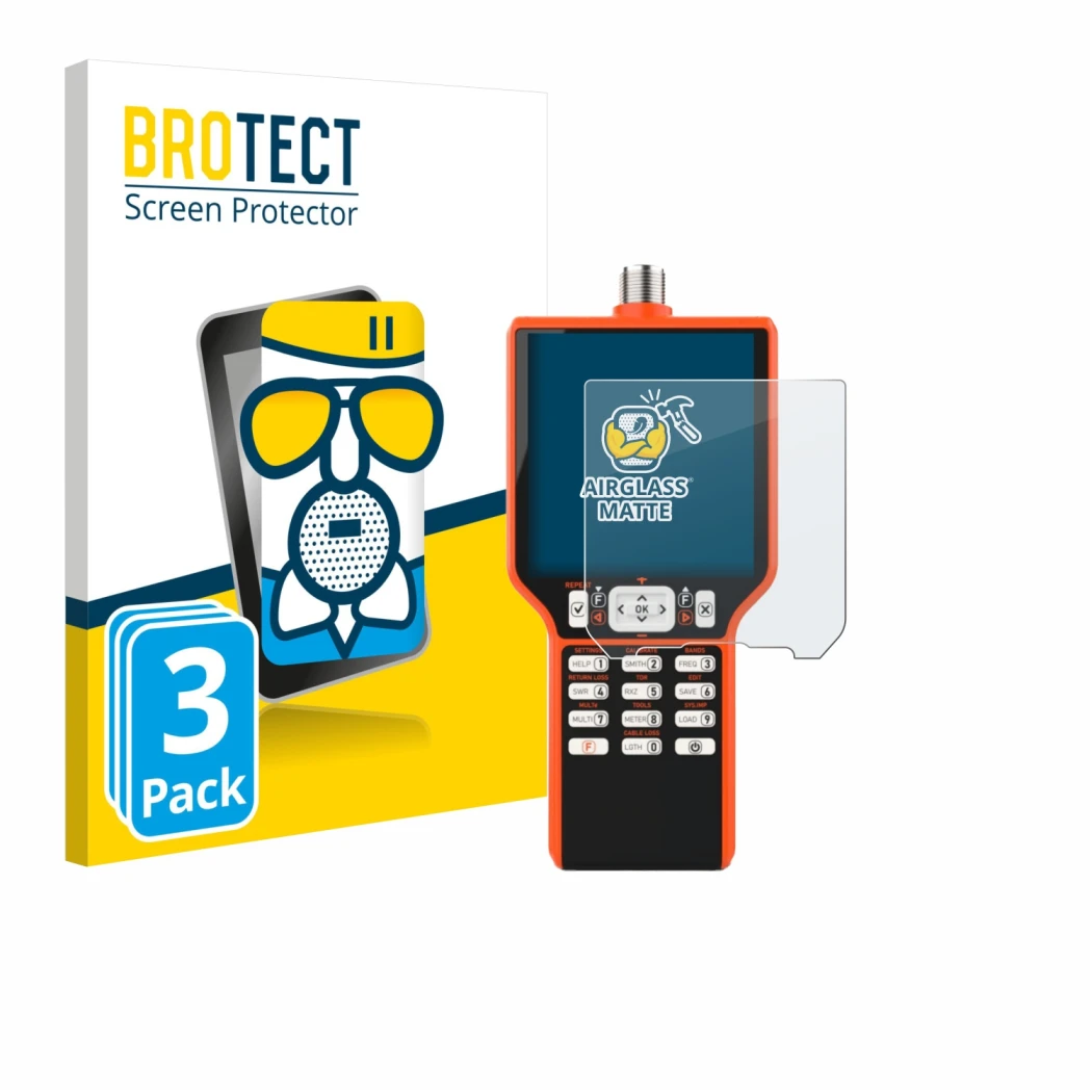 Front side of a product packaging with the brand logo BROTECT. Next to it is the device RigExpert MATCH shown with the corresp