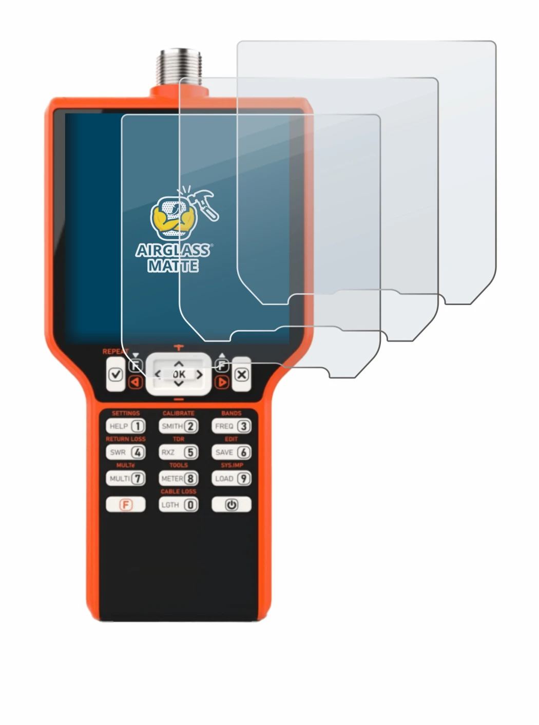 Image of the device RigExpert MATCH with a wide variety of screen protectors.
