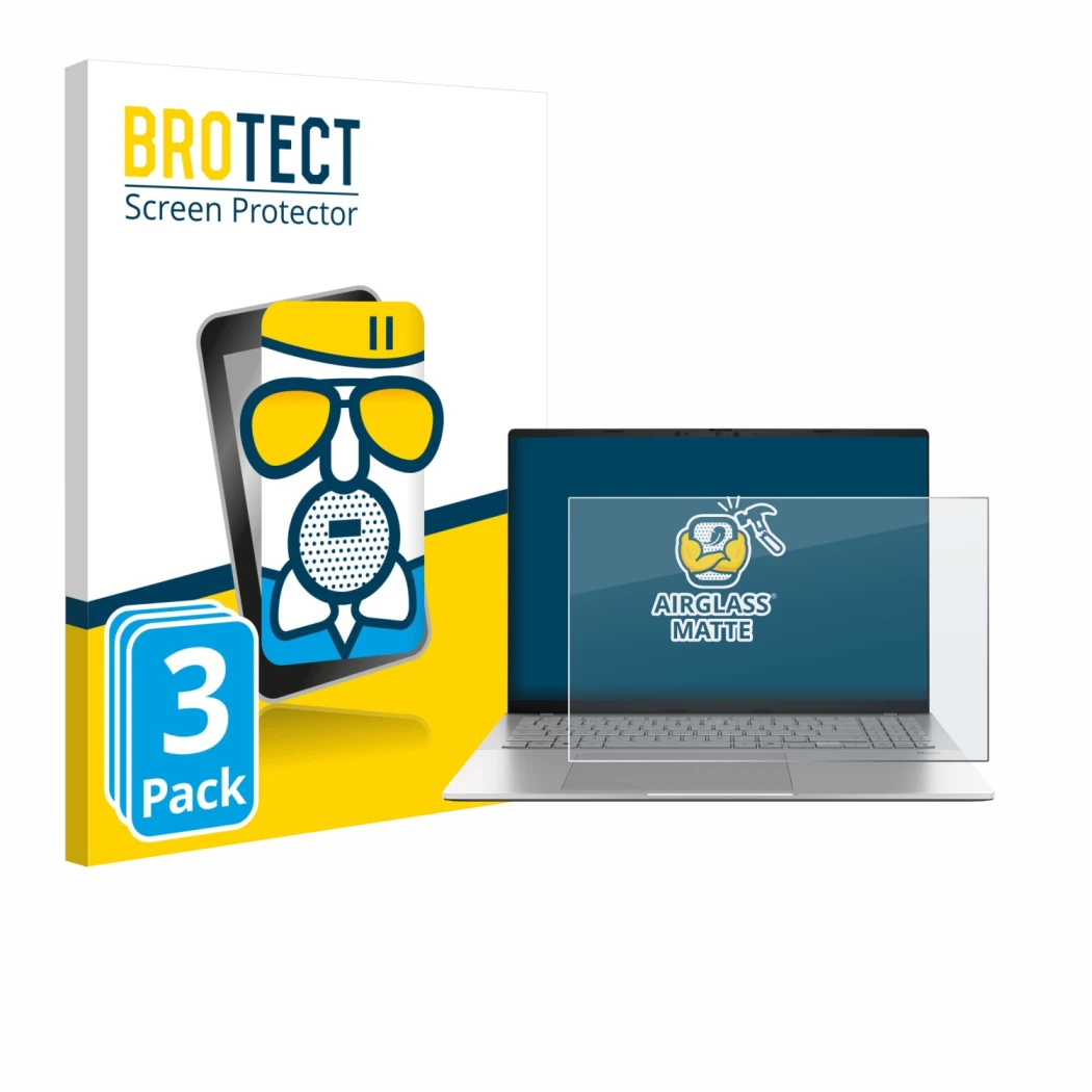 Front side of a product packaging with the brand logo BROTECT. Next to it is the device ASUS Vivobook S16 S3607 shown with the