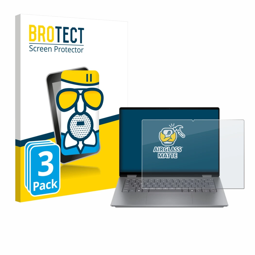 Front side of a product packaging with the brand logo BROTECT. Next to it is the device HP OmniBook X Flip 14 shown with the c