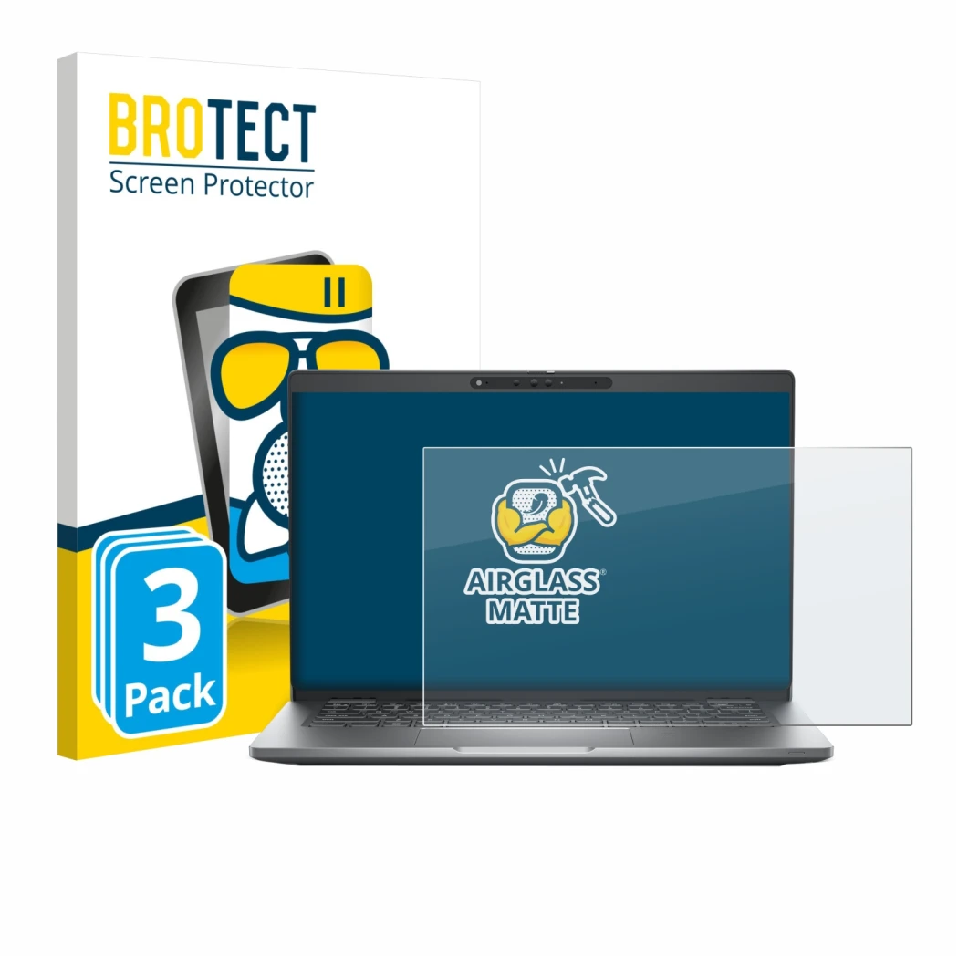 Front side of a product packaging with the brand logo BROTECT. Next to it is the device Dell Latitude 5330 shown with the corr