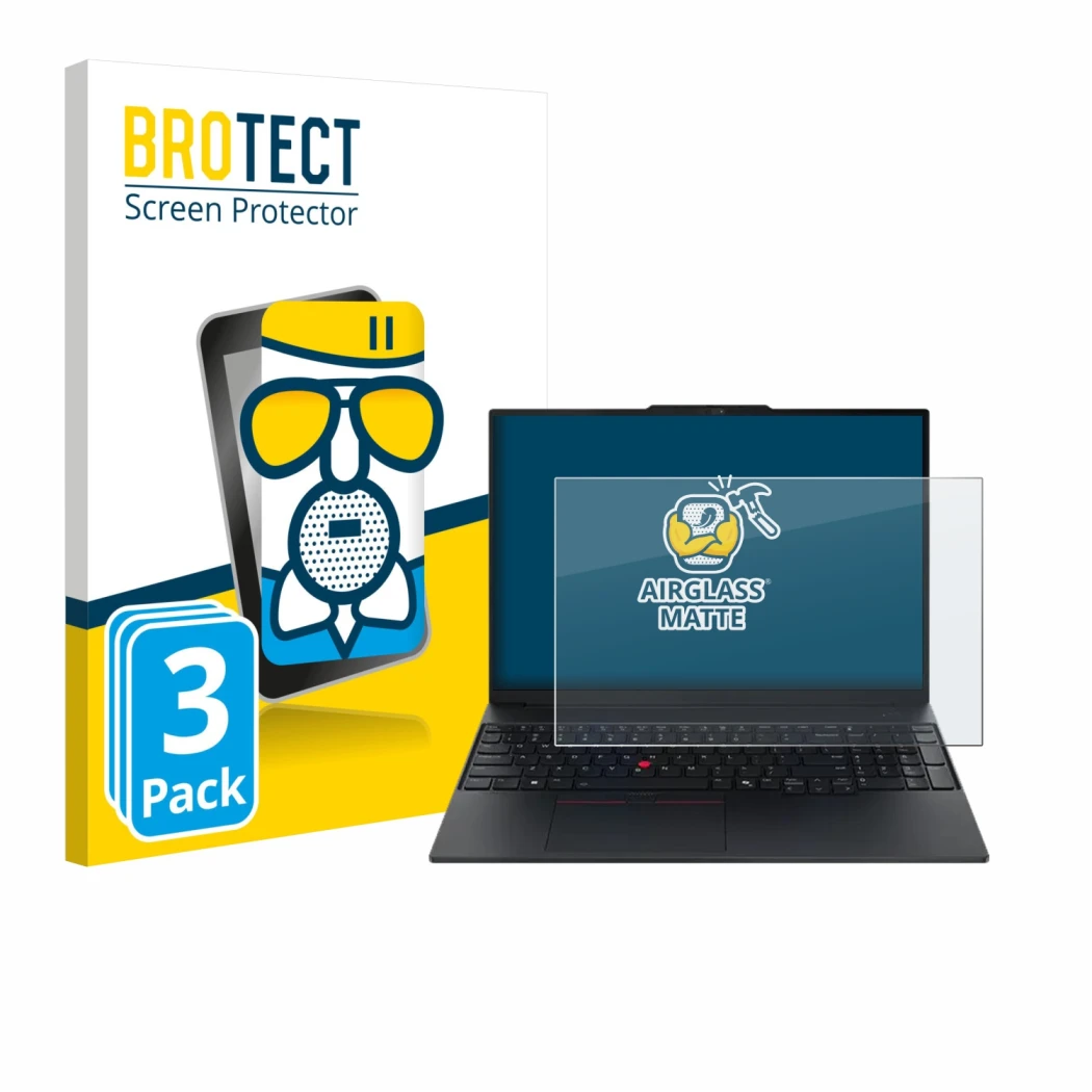 Front side of a product packaging with the brand logo BROTECT. Next to it is the device Lenovo ThinkPad E16 Gen 3 shown with t