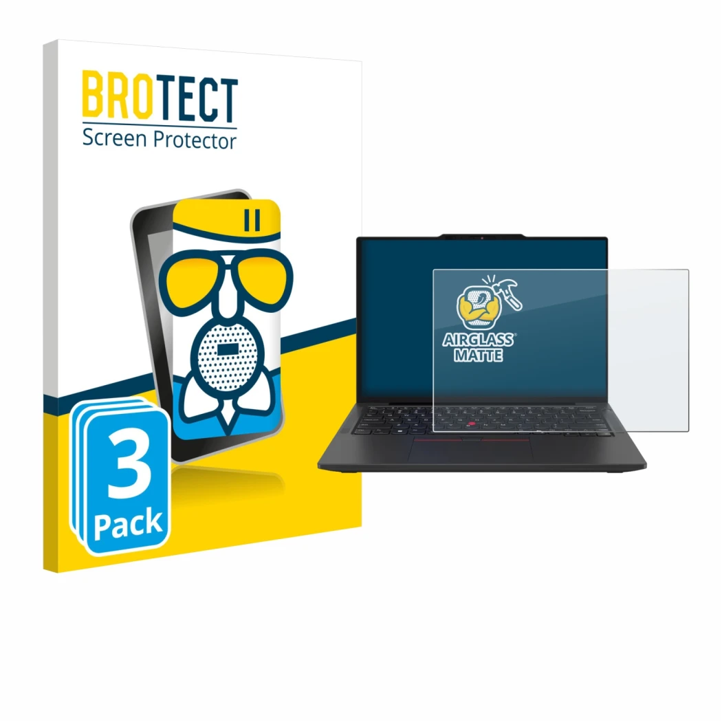 Front side of a product packaging with the brand logo BROTECT. Next to it is the device Lenovo ThinkPad X13 Gen 6 shown with t