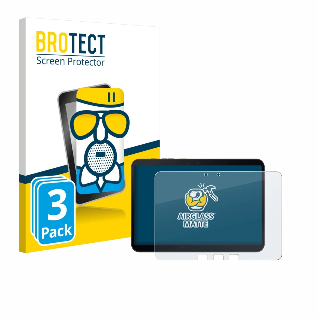 Front side of a product packaging with the brand logo BROTECT. Next to it is the device Samsung Galaxy Tab Active 5 Pro shown 