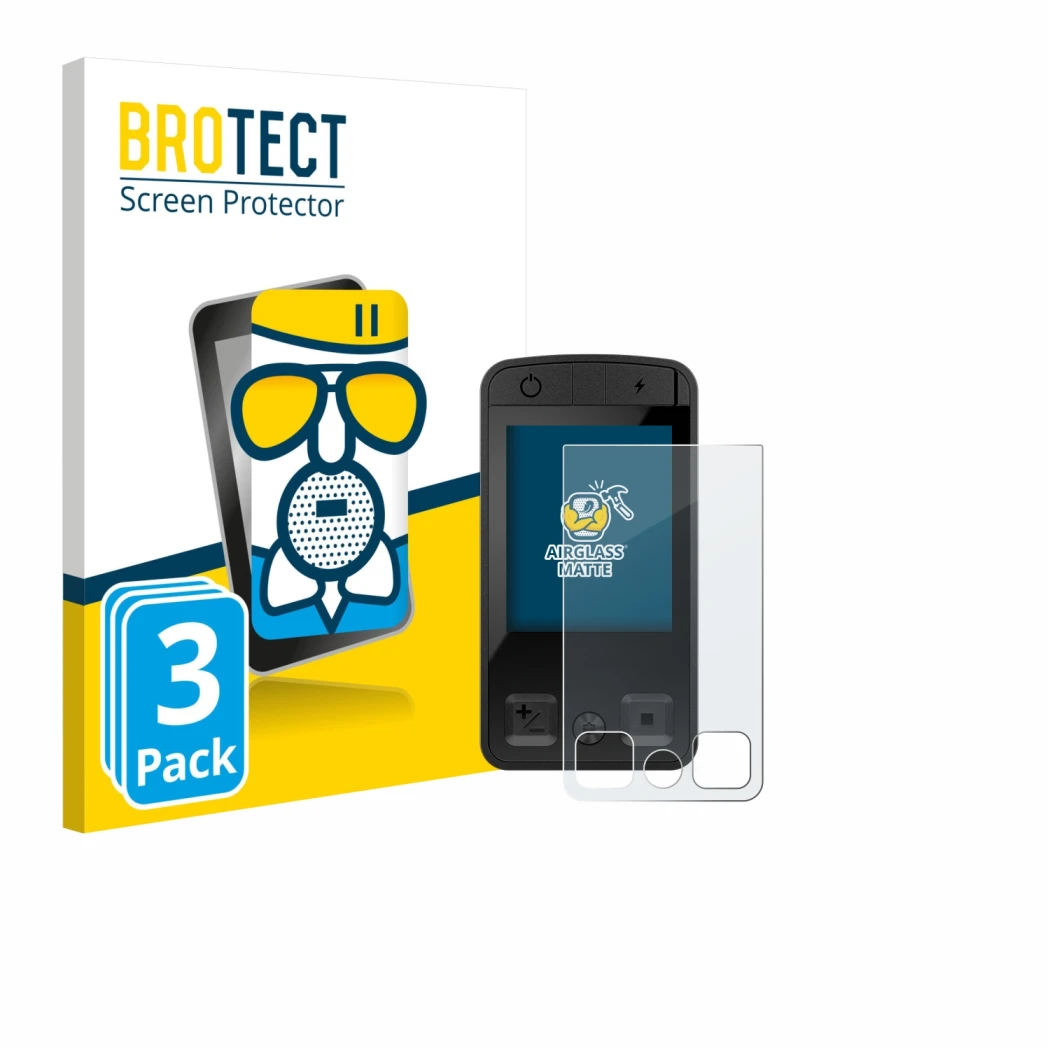 Front side of a product packaging with the brand logo BROTECT. Next to it is the device Bosch Kiox 400C shown with the corresp