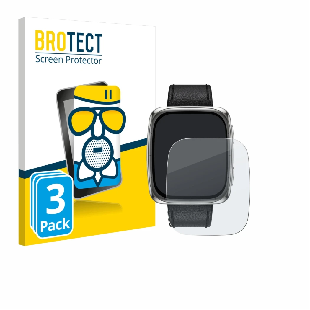 Front side of a product packaging with the brand logo BROTECT. Next to it is the device Amazfit Active 2 (rectangular) shown w