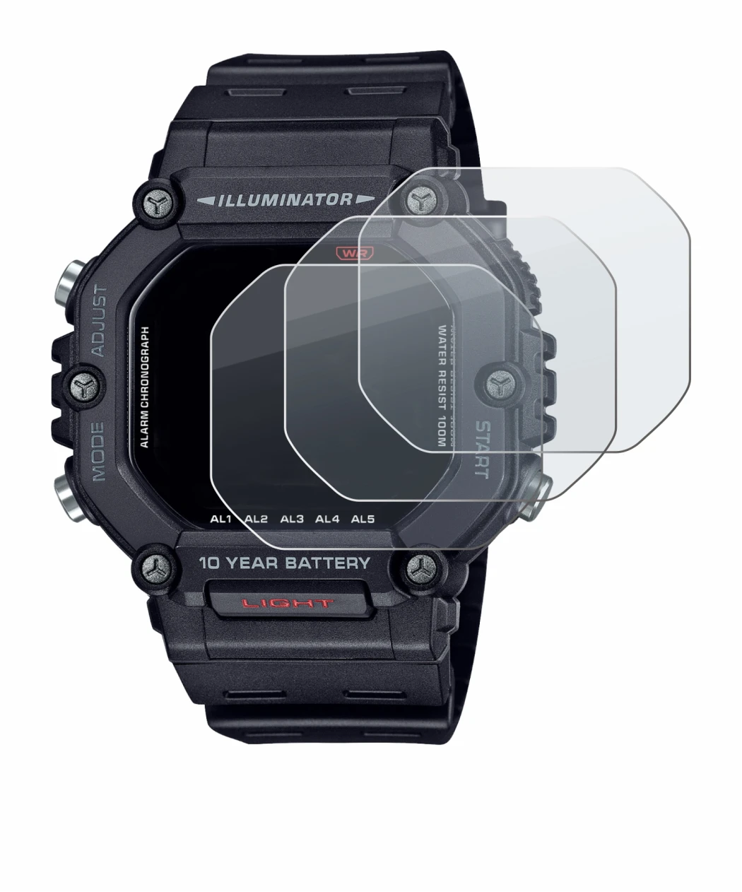Image of the device Casio AE-1600H with a wide variety of screen protectors.