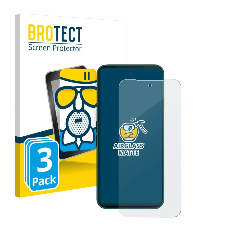 Front side of a product packaging with the brand logo BROTECT. Next to it is the device Fairphone 6 shown with the correspondi