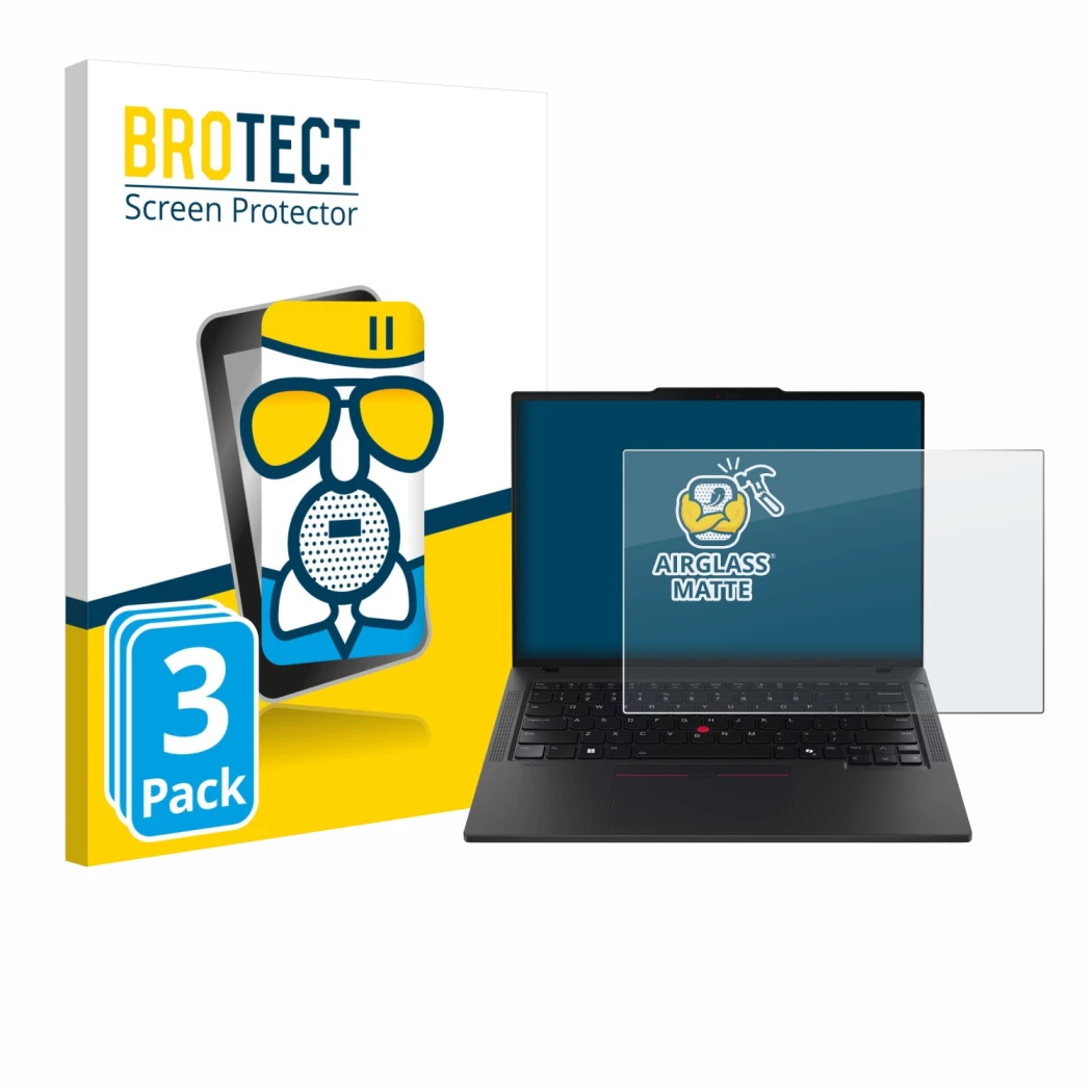 Front side of a product packaging with the brand logo BROTECT. Next to it is the device Lenovo ThinkPad T14 Gen 6 shown with t